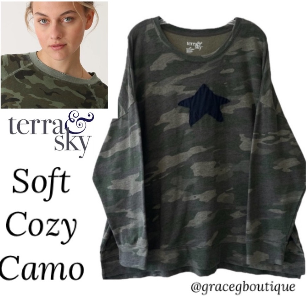Vintage Terra & Sky Olive Green Camo Long Sleeve Tee with Navy Star